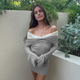 French Off The Shoulder Color Matching Knitted Long Sleeved Dress